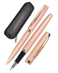 ONLINE Eleganza Writing Set Diamond Rose Gold | Contains Ballpoint Pen, Fountain Pen, Genuine Leather Case | 3-Piece | in High - Quality Gift Box