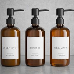 Elegante dispensador de champú y acondicionador, Juego de 3, jabón de Ducha Moderno de 600 ml, Botellas de Pet con Bomba y Etiquetas, dispensador de Lavado de Ducha fácil de llenar para un Instante