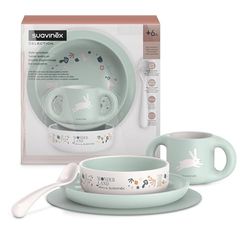 Suavinex, Louça de aprendizagem infantil para bebés + 6 meses, inquebrável, adequada para máquina de lavar louça e micro-ondas. Inclui: Caneca prato tigela toalha de mesa antiderrapante colher. Branco