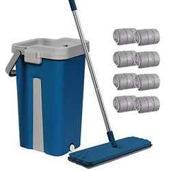 Set mocio e secchio, mocio piatto in microfibra per umido e asciutto, con manico in acciaio inox, secchio a doppia camera, adatto per tutti i pavimenti (blu)