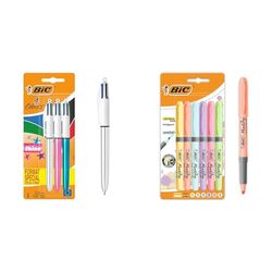 BIC 4 Couleurs Shine Stylos-Bille Rétractables Pointe Moyenne (1,0 mm) & Highlighter Grip Pastel - Surligneurs à Pointe Biseautée Modulable - Couleurs Assorties, Blister de 6