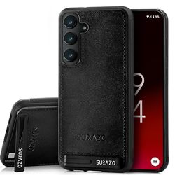 SURAZO Premium Genuine Leather Back Case for Samsung Galaxy S24 Case - Shockproof Leather Mobile Phone Case Cover with [Stand Function, Keychain] Vintage Slim Bumper Protective Case (Black)