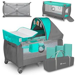 lionelo Sven Plus 2em 1 Berço de viagem e parque de bebés 0 - 36 M para crianças até 15 kg função de permutador mosquiteira abertura lateral com fecho de correr ajuste de altura cinzento e turquesa