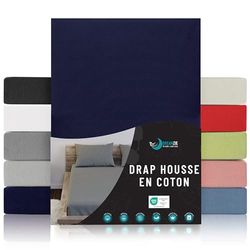 Dreamzie - Drap Housse 160 x 200 - Bleu Foncé - 100% Jersey Coton Certifié Oeko Tex - Drap Housse 160x200 Coton