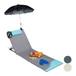 Relaxdays strandmat, gepolsterde strandstoel met parasol, verstelbaar, kussen & tas, draagbaar, grijs