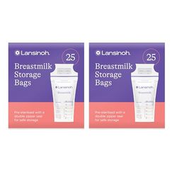 Lansinoh Breast Milk Storage Bags Breastmilk Pouches for fridge or freezer use, store flat or standing, BPA and BPS free, pre-sterilised, double zipper seal, Pack of 50, Packaging may vary