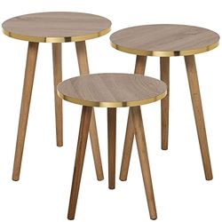 DRW Set van 3 ronde bijzettafels van hout in natuur en goud, 38 x 51 cm, 38 x 48 cm en 38 x 45 cm