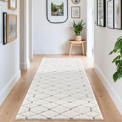 carpet city Tappeto a pelo lungo, 80 x 150 cm, stile scanni, effetto a rombi, colore crema, grigio, taglio loop, effetto 3D, soffice, per soggiorno, camera da letto, a pelo lungo