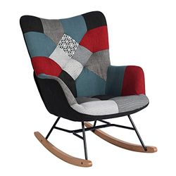 MEUBLE COSY Fauteuil à Bascule Allaitement Scandinave Chaise Loisir et Repos en Tissu Patchwork avec Pieds en E' Bois Métal pour Salon, Chambre, Le Balcon, 71x89x95cm