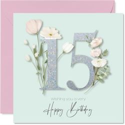 15th Birthday Cards for Girls - Fancy Floral Flowers - Happy Birthday Card for 15 Year Old Girl Daughter Niece Great Niece Goddaughter, 145mm Bday Greeting Cards