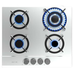 Cecotec Placa de Gas Butano y Natural 4 Fuegos Bolero Squad G 4200S Inox. 8000W. Acero Inoxidable, Parrillas Individuales Hierro Fundido, WOK Triple Corona, Encendido Eléctrico, Sistema Seguridad