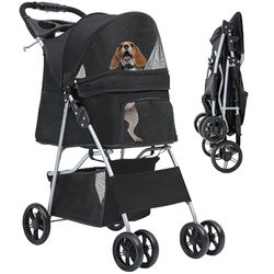 YITAHOME Hondenkinderwagen met 4 wielen en opbergmand, wandelwagen voor kleine tot middelgrote honden, opvouwbaar reisvervoer voor huisdieren, met bekerhouder en opbergmand (zwart)