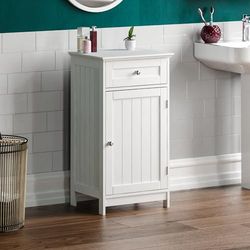 Bath Vida Priano-Armadietto da Bagno con 1 Anta e 1 cassetto, da Pavimento, Legno ingegnerizzato, Bianco, 43 cm x 34 cm x 77 cm