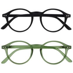 OPULIZE REY Occhiali da Lettura - Pacco da 2 - Montatura Rotonda Retro - Nero Opaco, Verde - Uomo Donna - Cerniere a Molla - RR56-16 - +1.50