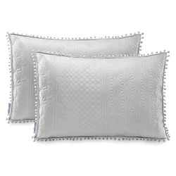 AmeliaHome 2 Fundas de Almohada con Pompones en Ambos Lados ultrasónicos, 50 x 70 cm, Meadore Silver