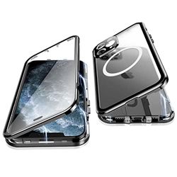 Jonwelsy Hoesje voor iPhone 11 Pro, 360 graden dubbelzijdige bescherming compatibel met Magsafe magnetische adsorptie metalen bumper voorkant gehard glas achterkant mat PC hoes voor iPhone 11 Pro 5,8 inch (zwart)