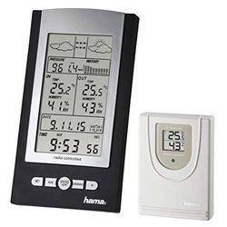 Hama | Estación meteorológica digital exterior e interior (Estación meteorológica con Radio y función reloj y alarma, temperatura, función higrómetro para la humedad, Celsius o Fahrenheit)Color Negro.