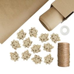 LEVIATAN Set per Confezioni Regalo 10 Fogli 630x525mm, Carta da Regalo Kraft con Filo di Iuta da 50 m, 12 Pezzi di Fiocchi Autoadesivi, Nastro Adesivo