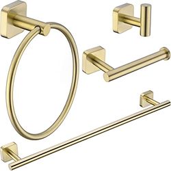 Juego de Accesorios de baño en Oro de 4 Piezas de Acero Inoxidable para Toalla de baño, toallero, Soporte para Rollo de Papel y Gancho para Abrigo, Serie Litri, latón Cepillado