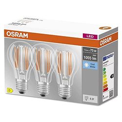 OSRAM Lamps LED lamp, Voet: E27, Koel wit, 4000 K, 7,50 W, vervanging voor 75 W gloeilamp, transparant, LED BASE CLASSIC A Set van 3,Koel wit