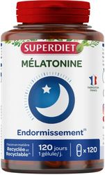 SUPERDIET – MÉLATONINE – Endormissement, Décalage horaire – Fabrication française – 120 gélules.