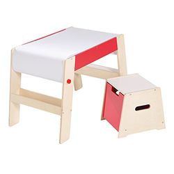 roba Ensemble Bureau à Dessin + Tabouret pour Enfants - avec Papier Déroulable et Rangement sous l'Assise - pour Filles et Garçons dès 18 Mois - Bois Naturel / Rouge