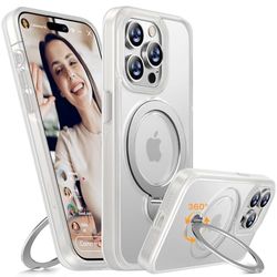 Miracase Funda para iPhone 15 Pro MAX: Fundas magnéticas de Giro de 360° con MagSafe a Prueba de Golpes Mate translúcida Fundas Protectoras para iPhone 15 Pro MAX con Soporte de Anillo (Blanco