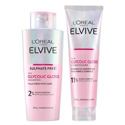 L'Oréal Paris Elvive Glycolic Gloss Shampoo and Conditioner Set for Dull Porous Hair, Get The Shiniest Hair of Your Life, Glossing Routine for Mirror-Like Shine