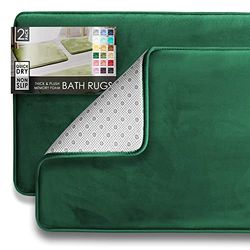 Clara Clark Tappeto da bagno in velluto, in memory foam, antiscivolo, lavabile in lavatrice, ultra morbido, si asciuga rapidamente, set di 2, colore: verde cacciatore