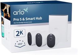 Arlo Pro 5 Draadloze Outdoor Home Security Camera met Hub, 3 Cam Kit, CCTV, 6 maanden batterij, Advanced Colour Night Vision, 2K HDR, 2-weg audio, met 30 dagen gratis proefperiode van Arlo Secure