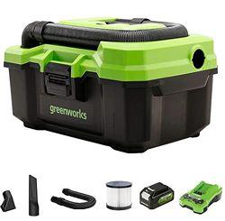 Greenworks Aspirateur Portable à Batterie Greenworks G24WDVK4(Li-ION 24V,2 Vitesses, système à 2 filtres pour liquides et poussières,11 litres de capacité,62 CFM,7,5 kPa avec Batterie 4Ah et Chargeur)