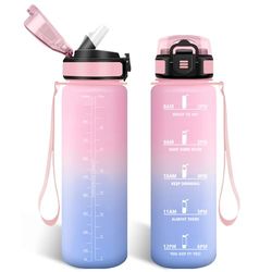 HoneyHolly Botella Agua 1 Litro, Libre de BPA & Prueba de Fugas, Botella de Agua, con Pajita, Water Bottle, con Marcador de Tiempo, Cantimplora para Sport, Bicicleta, Gimnasio, Escuela