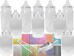 10 x 1L Plastic Sweet Jars, 1 x Tong, 1 x Scoop, 100 x Candy Stripe Bags for Parties, Weddings (Pink)