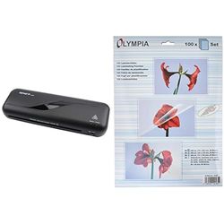 Genie LA 200 laminator inkl. lamineringsfolie (lämplig upp till DIN A4, för 80-125 mic varm laminering) svart, 330 x 106 x 60 mm & Olympia Lamineringsfolier, Genomskinlig, Paket med 100 st