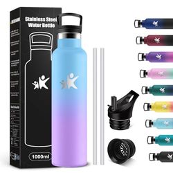 KollyKolla 1 liter thermosfles, BPA-vrij, roestvrijstalen drinkfles met rietje, lekvrij, herbruikbaar, voor kantoor, sport, fietsen, werk