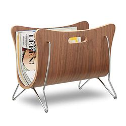 Relaxdays Revisteiro de madeira, suporte revistas, cesta jornais, design moderno, metal, 1 unidade, 30 x 37 x 25 cm, castanho, placa de fibras