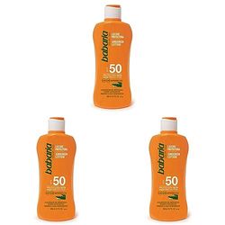 Babaria - Leche Solar, Protector SPF 50 con Aloe Vera, Alta Protección UVA/UVB e Infrarrojos, Acelerador del Bronceado y Resistente al Agua, Vegano - 200 ml (Paquete de 3)