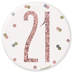 Unique Party 84867 Nummer 21" Badge | Glittery Rosé goud | 1 St., Rosé Goud, Leeftijd