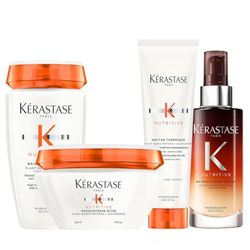 Kérastase Nutritive,Ritual nutritivo para el cabello,Baño Bain Satin Riche+Mascarilla Masquintense Riche+Protector Térmico Nectar Thermique+Sérum 8H Magic Night Serum,Para cabello seco y sensibilizado