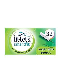 Lil-Lets Non-Applicator Super Plus Tampons, 32 Count (1 Pack), For Heavy Flow, 4 Droplets, Plant-Based, SmartFit Non-App Tampon