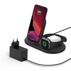 Belkin 3-i-1 trådlös laddare, 7,5 W trådlös laddningsstation för iPhone, Apple Watch och AirPods, trådlös laddare för iPhone 15, 14, 13, laddningsställ för Apple Watch, AirPods och fler - Svart