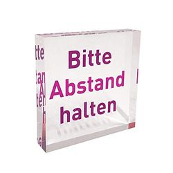 Transparant acrylblok als infostandaard/instructiedisplay met opdruk"Bitte Abstand halten" in de kleur roze (roze), infostandaard van origineel plexiglas.