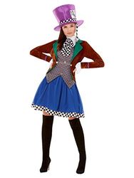 Miss Hatter Costume, Multi-Coloured, with Jacket, Attached Waistcoat, Skirt & Hat (XS)