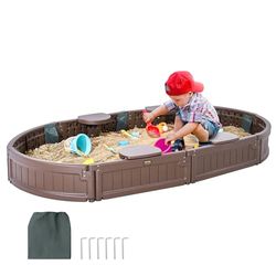 VEVOR Caja de Arena con Tapa Areno de HDPE Ovalado de 183x105,5x23cm con 4 Asientos en Las Esquinas y Revestimiento Inferior para Niños de 3 a 12 Años para Patio al Aire Libre, Playa, Parque, Marrón
