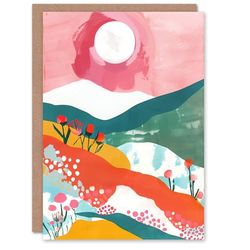 Artery8 Greeting Card Floral Mountain Pink Sunset Colourful Abstract Blank For Him Or Her Art Birthday Card