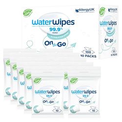 WaterWipes On The Go Wipes, 100 unités (10 paquets), 99,9% d'eau, format voyage, sport et rafraîchir la peau, non parfumées, emballage pouvant varier