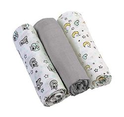 Babyono Muslin Nappies Super Soft Muslin Nappies 70 x 70 cm (Pack of 3), Burp Cloths (Grey/Moon Bear)