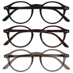 OPULIZE REY Occhiali da Lettura - Pacco da 3 - Montatura Rotonda Retro - Nero, Marrone Tartarugato, Grigio - Uomo Donna - Cerniere a Molla - RRR56-127 - +1.50