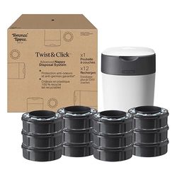 Tommee Tippee Poubelle à Couches Twist & Click Starter-Set,avec12Recharges,Chaque recharge enveloppe plus de100couches‡,12recharges=plus de1200couches‡,film multicouche antibactérien,Blanc