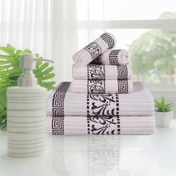 Superior Decoratieve 6-delige handdoekenset met Grieks patroon, absorberend premium katoen, decoratie voor badkamer, spa, inclusief 2 handen, 2 gezichten en 2 badhanddoeken, Home Essentials,